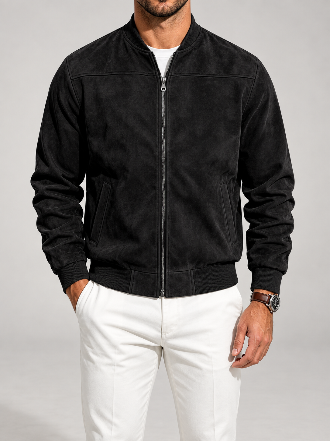 Men's Suede Bomber Jacket | Zip-Up Stand Collar Jacket