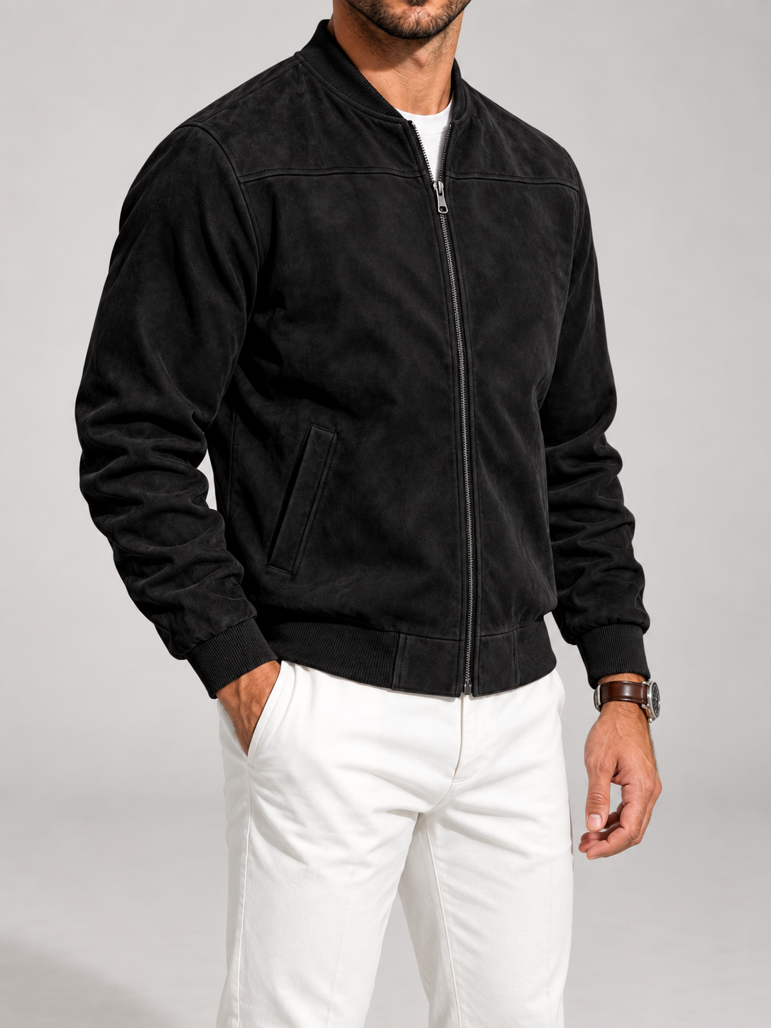 Men's Suede Bomber Jacket | Zip-Up Stand Collar Jacket