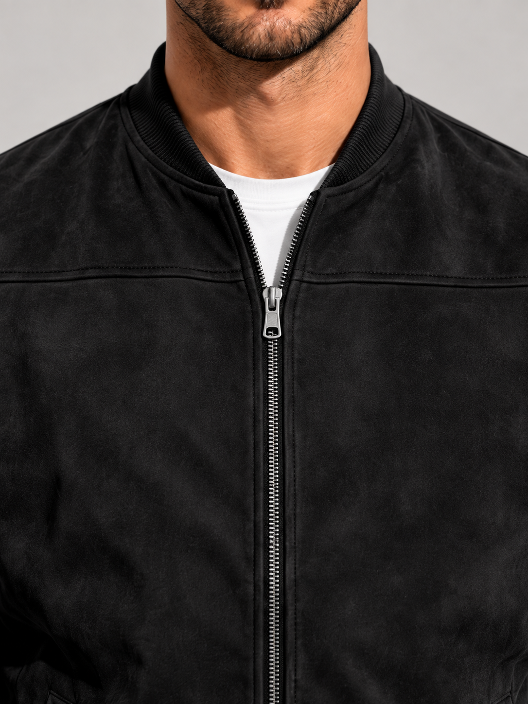 Men's Suede Bomber Jacket | Zip-Up Stand Collar Jacket