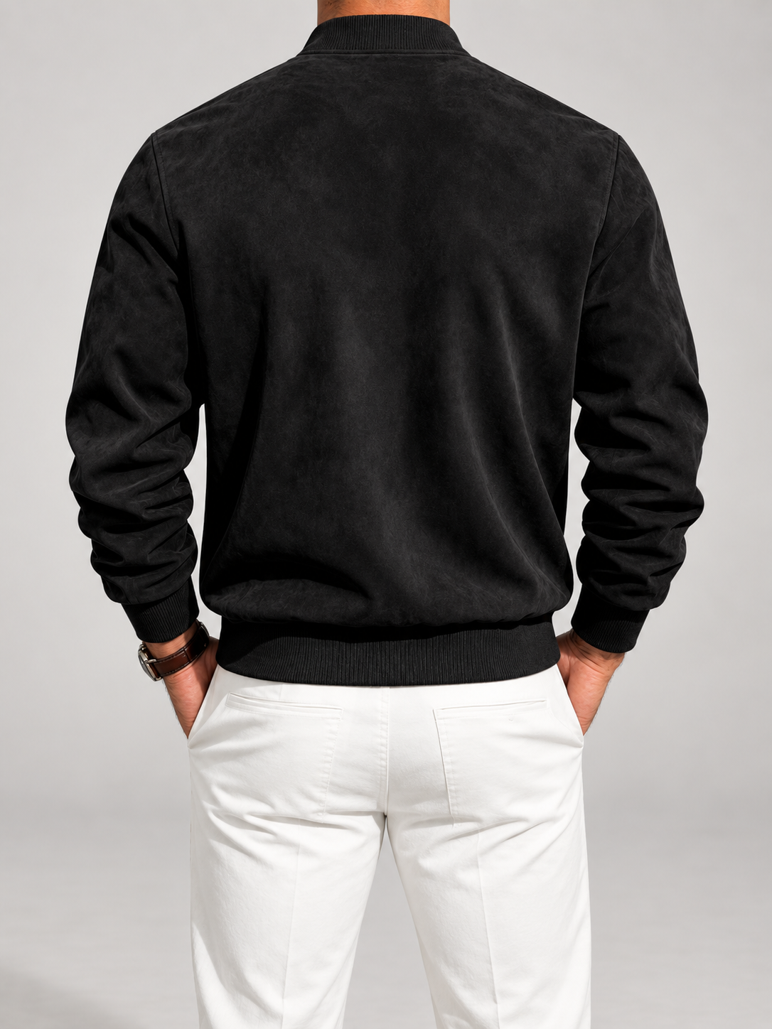 Men's Suede Bomber Jacket | Zip-Up Stand Collar Jacket