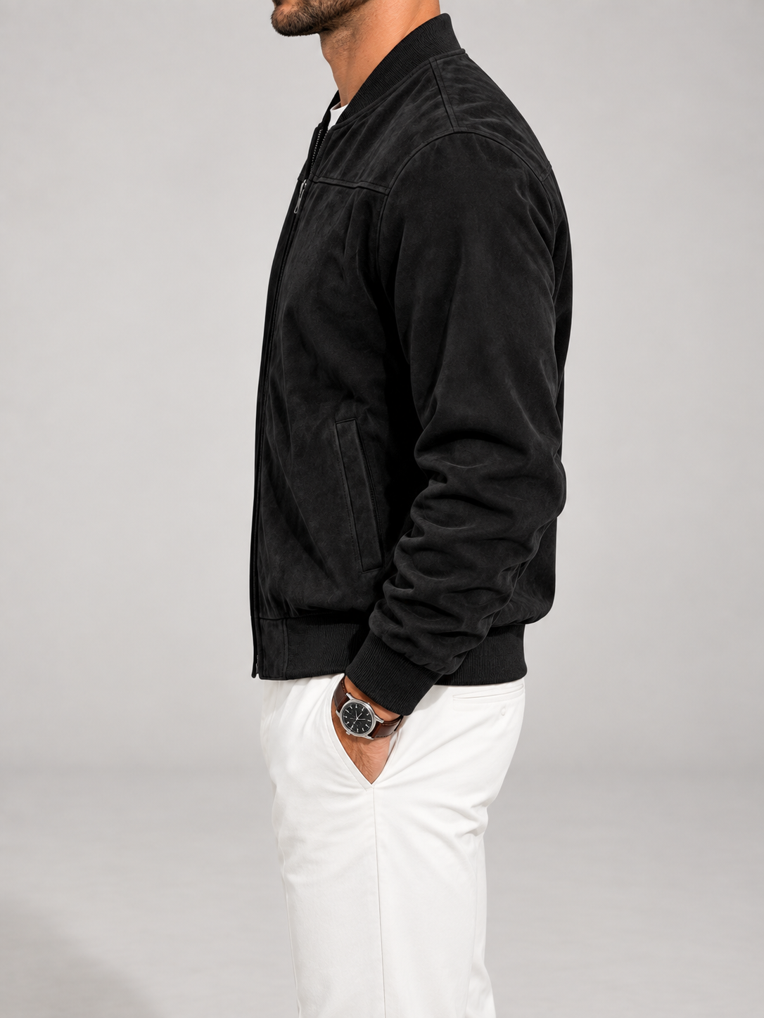 Men's Suede Bomber Jacket | Zip-Up Stand Collar Jacket