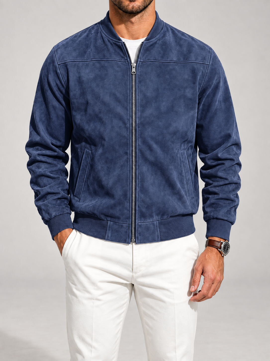 Men's Suede Bomber Jacket | Zip-Up Stand Collar Jacket