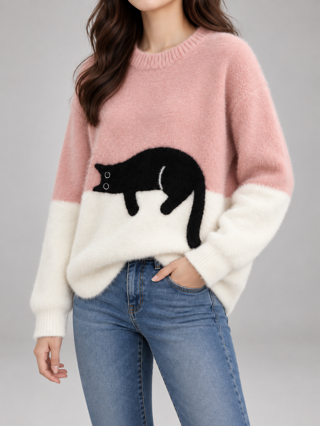 Women's Cat Motif Knit Jumper | Colour Block Fleece Pullover