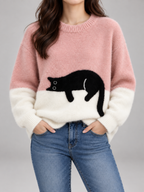Women's Cat Motif Knit Jumper | Colour Block Fleece Pullover