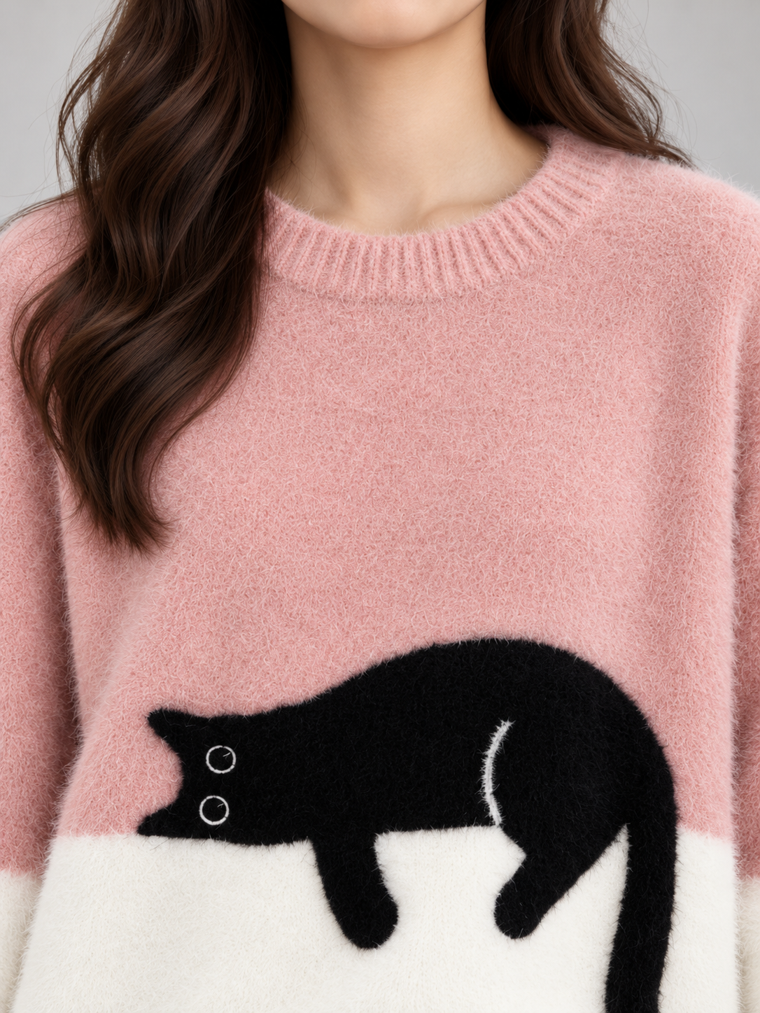 Women's Cat Motif Knit Jumper | Colour Block Fleece Pullover