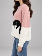 Women's Cat Motif Knit Jumper | Colour Block Fleece Pullover