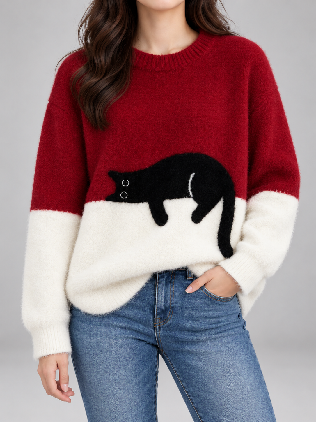 Women's Cat Motif Knit Jumper | Colour Block Fleece Pullover