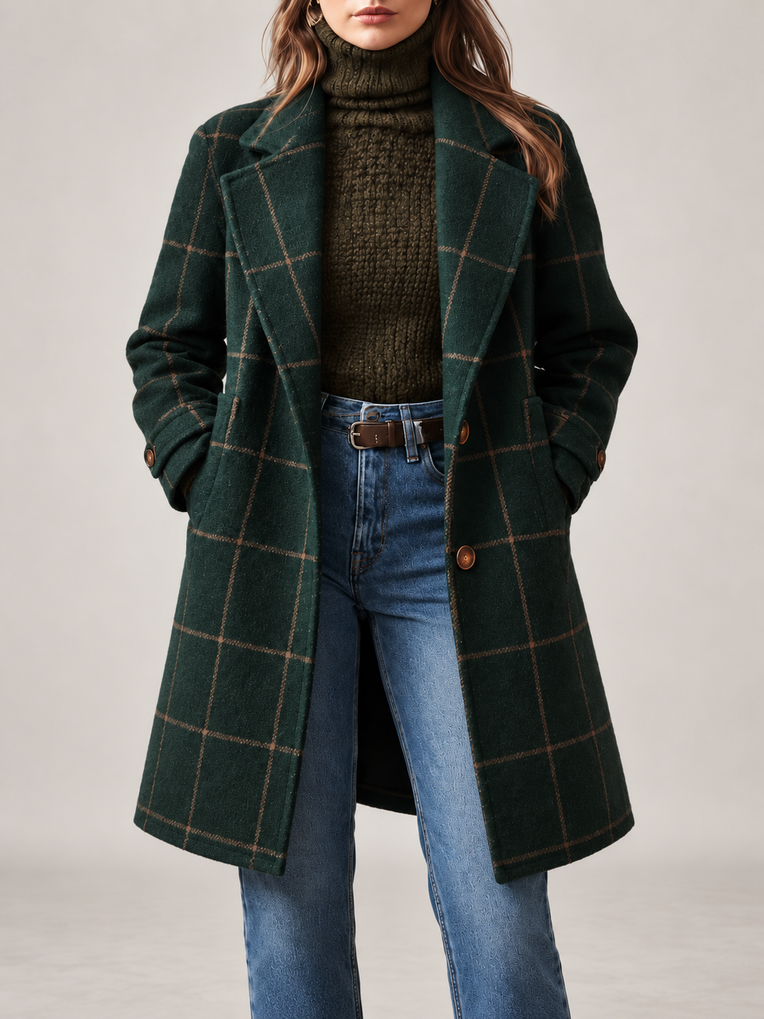Women's Checked Wool Coat | Longline Notch Lapel Winter Coat