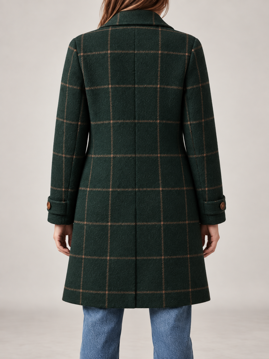 Women's Checked Wool Coat | Longline Notch Lapel Winter Coat