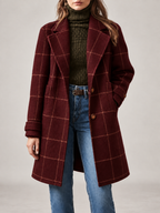 Women's Checked Wool Coat | Longline Notch Lapel Winter Coat
