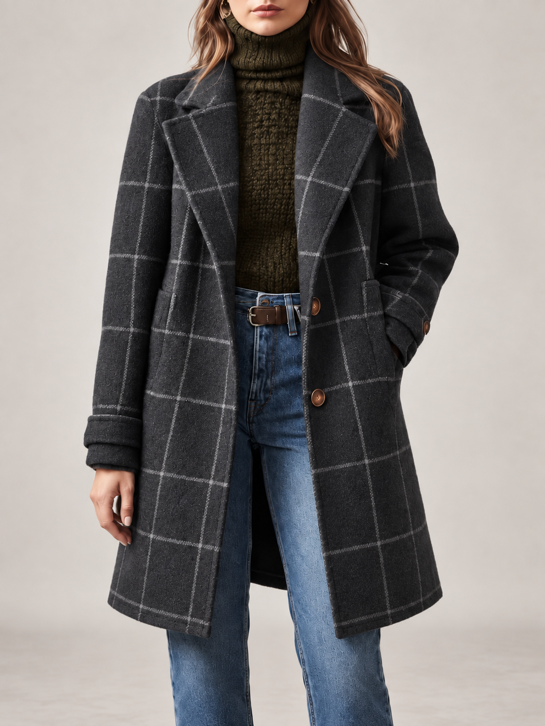 Women's Checked Wool Coat | Longline Notch Lapel Winter Coat