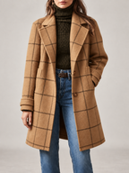 Women's Checked Wool Coat | Longline Notch Lapel Winter Coat