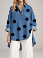 Women's Polka Dot Denim Shirt | Oversized Longline Button Front