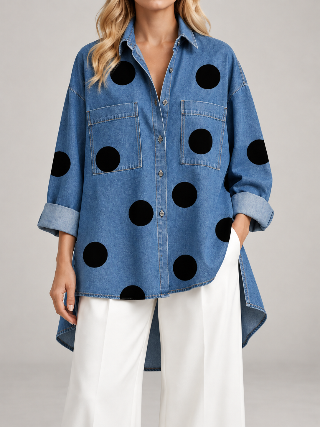 Women's Polka Dot Denim Shirt | Oversized Longline Button Front
