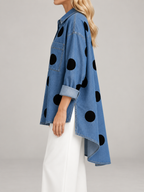 Women's Polka Dot Denim Shirt | Oversized Longline Button Front