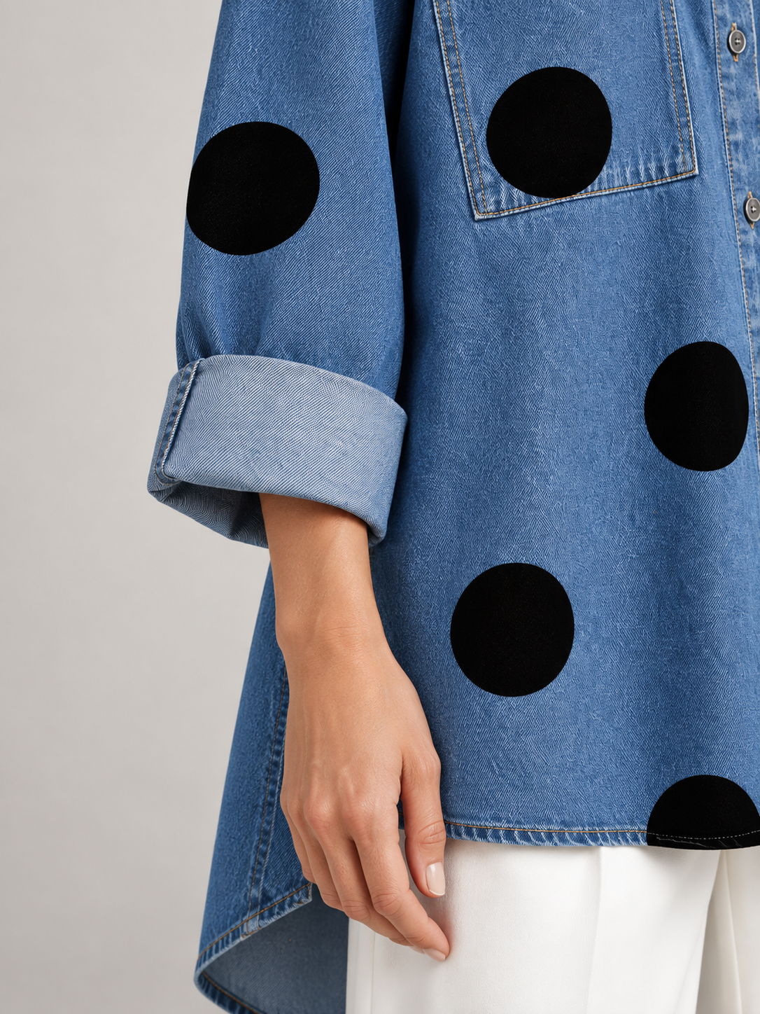 Women's Polka Dot Denim Shirt | Oversized Longline Button Front