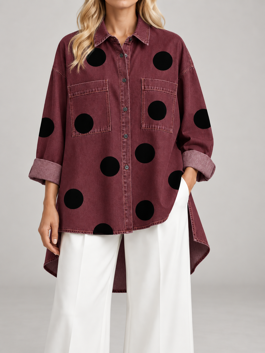 Women's Polka Dot Denim Shirt | Oversized Longline Button Front