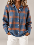 Women's Checked Knit Overshirt | Collared Button Front Cardigan