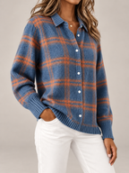 Women's Checked Knit Overshirt | Collared Button Front Cardigan