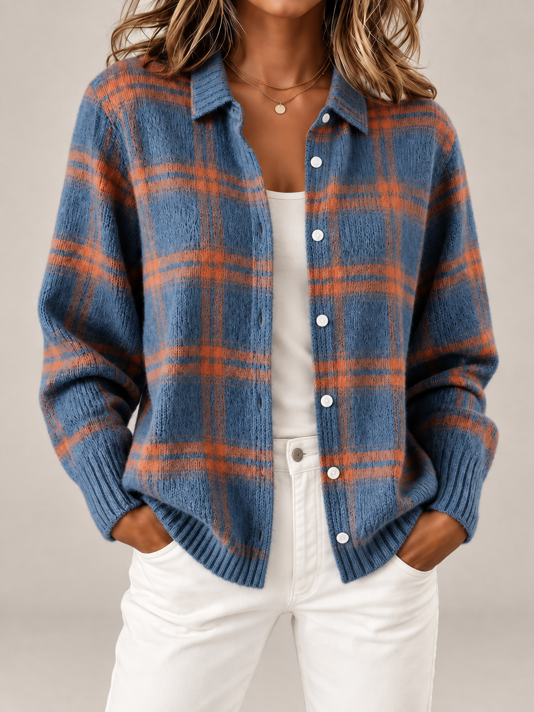 Women's Checked Knit Overshirt | Collared Button Front Cardigan