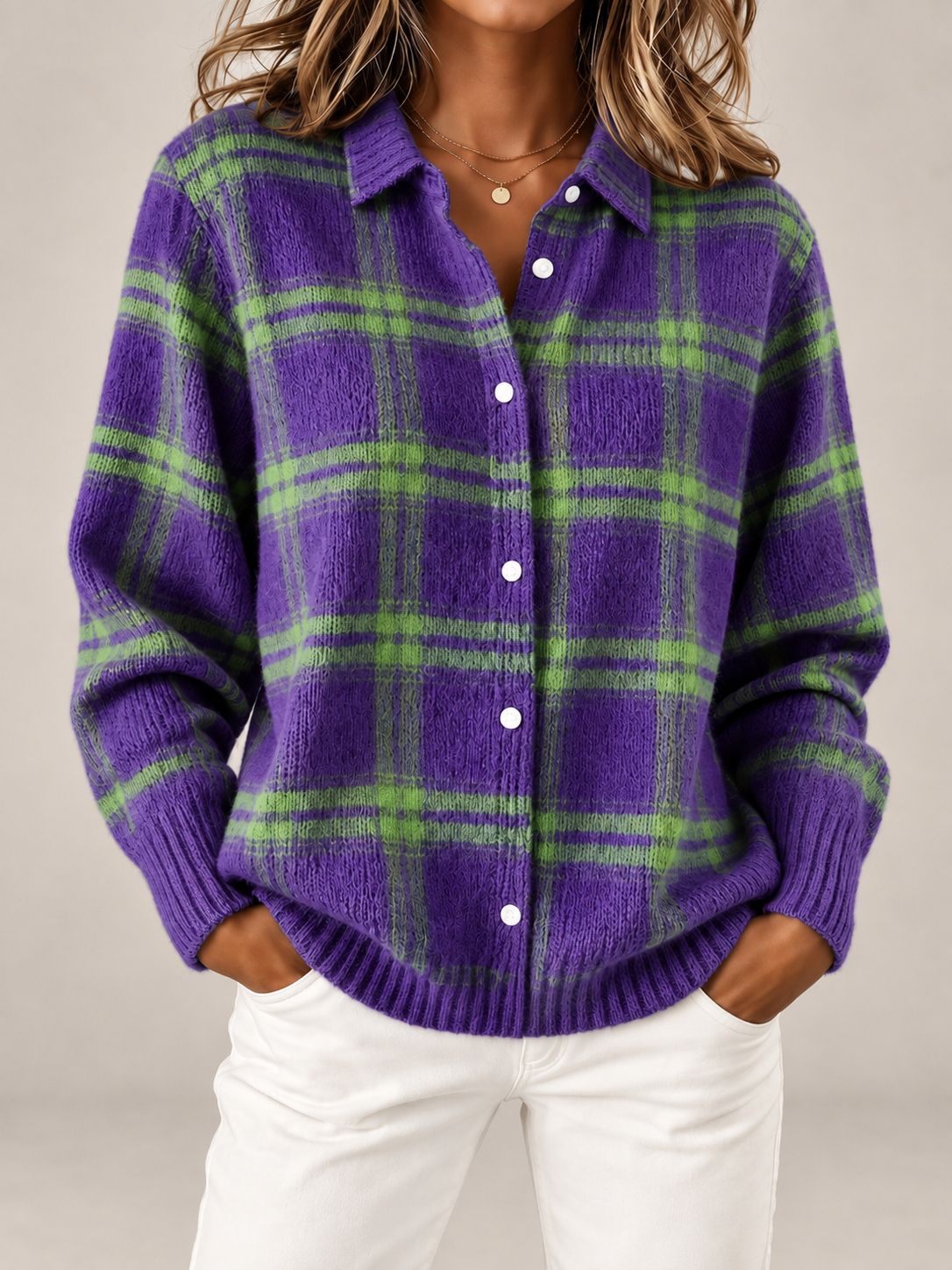 Women's Checked Knit Overshirt | Collared Button Front Cardigan