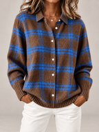 Women's Checked Knit Overshirt | Collared Button Front Cardigan