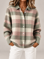 Women's Checked Knit Overshirt | Collared Button Front Cardigan