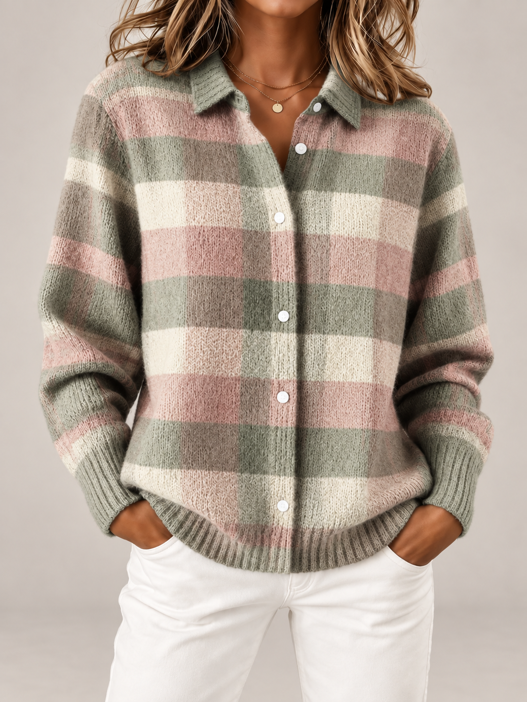 Women's Checked Knit Overshirt | Collared Button Front Cardigan