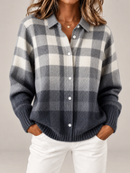 Women's Checked Knit Overshirt | Collared Button Front Cardigan
