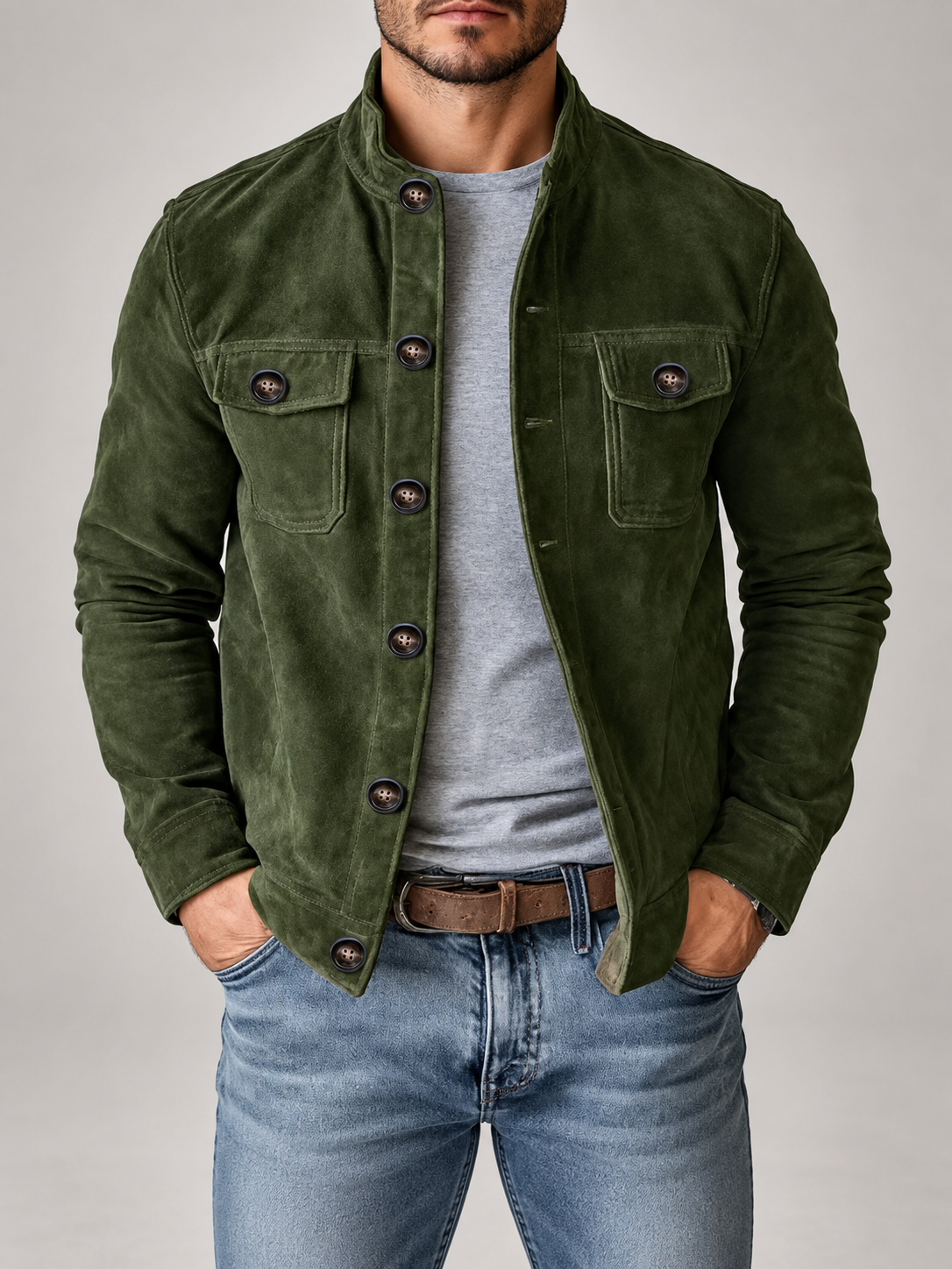 Men's Corduroy Jacket | Stand Collar Button Front Overshirt