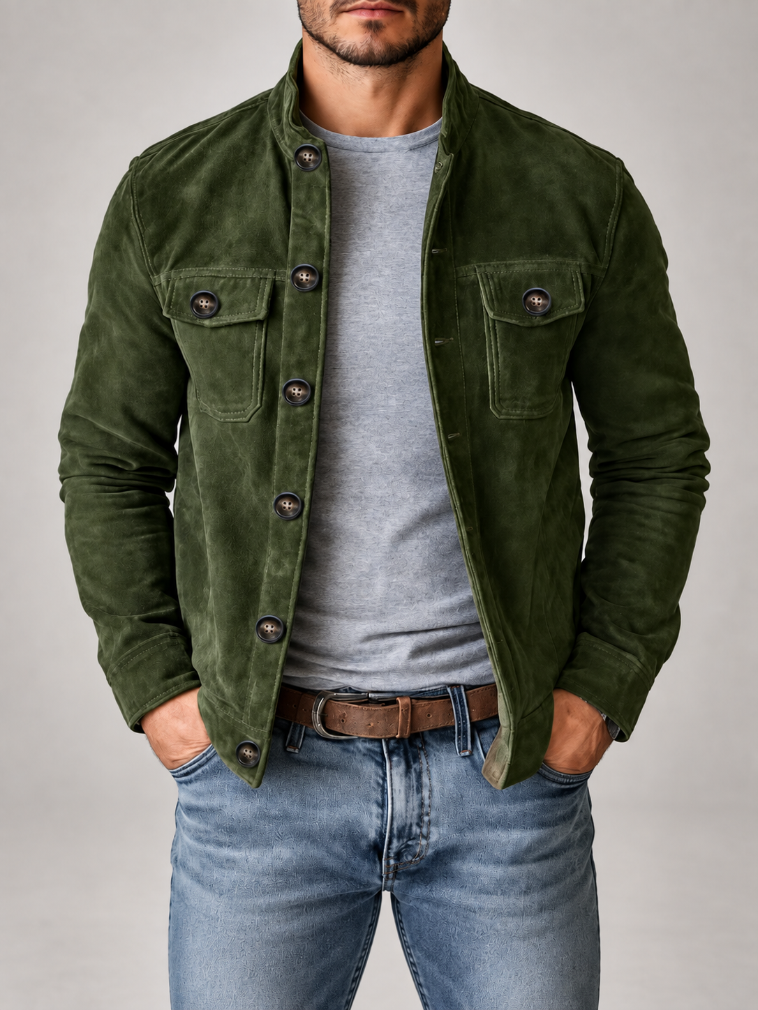 Men's Corduroy Jacket | Stand Collar Button Front Overshirt
