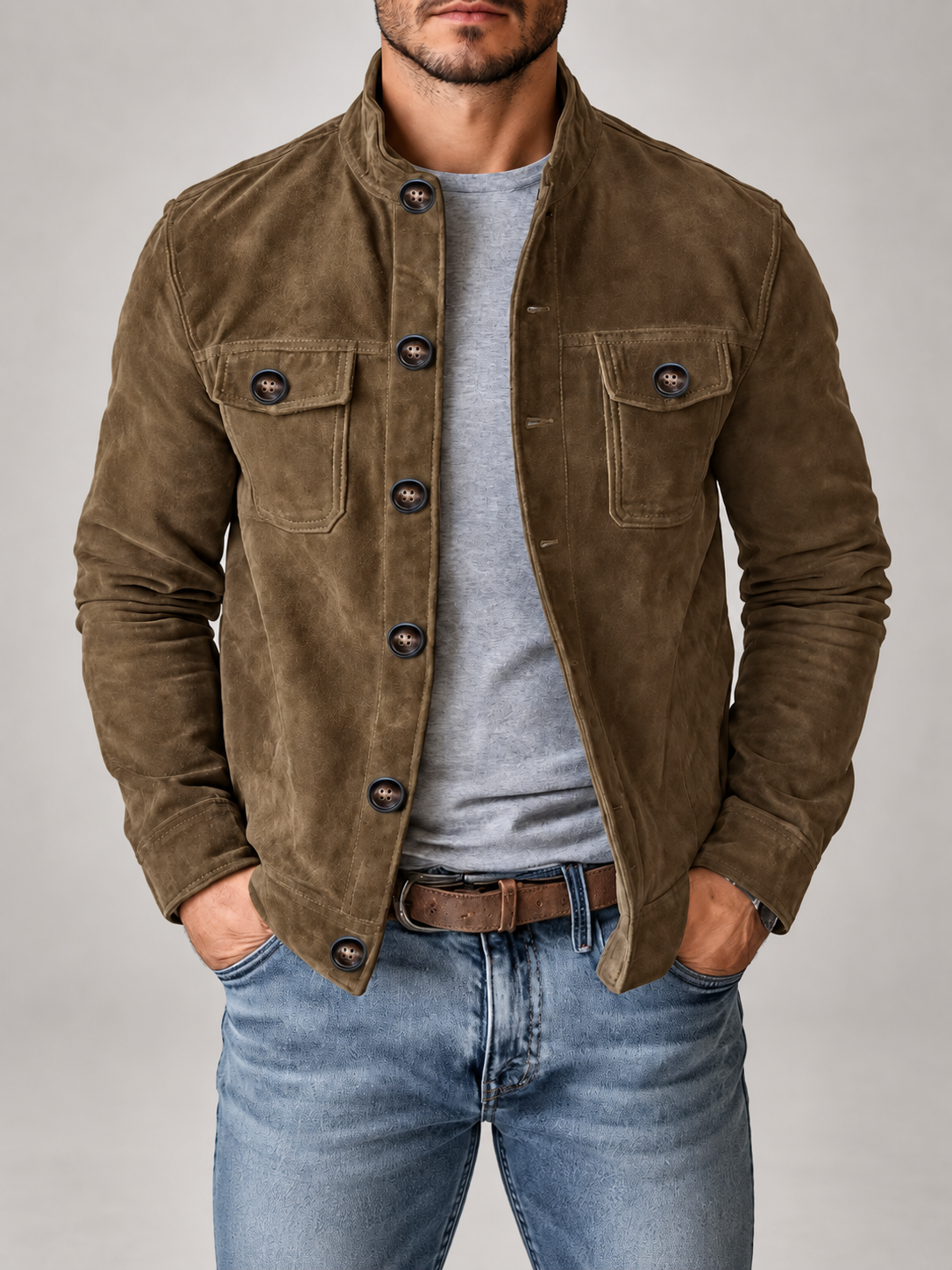 Men's Corduroy Jacket | Stand Collar Button Front Overshirt