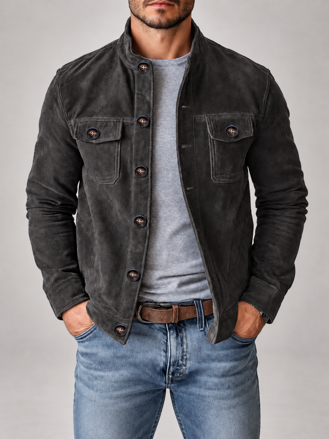 Men's Corduroy Jacket | Stand Collar Button Front Overshirt