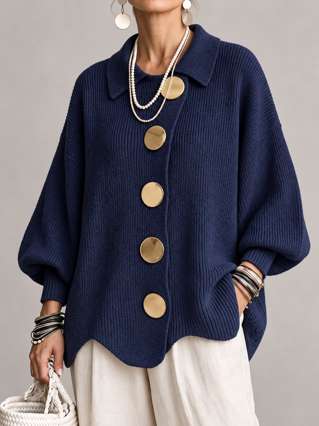 Women's Oversized Knit Cardigan Coat | Gold Button Scalloped Hem