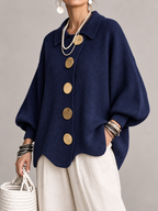 Women's Oversized Knit Cardigan Coat | Gold Button Scalloped Hem