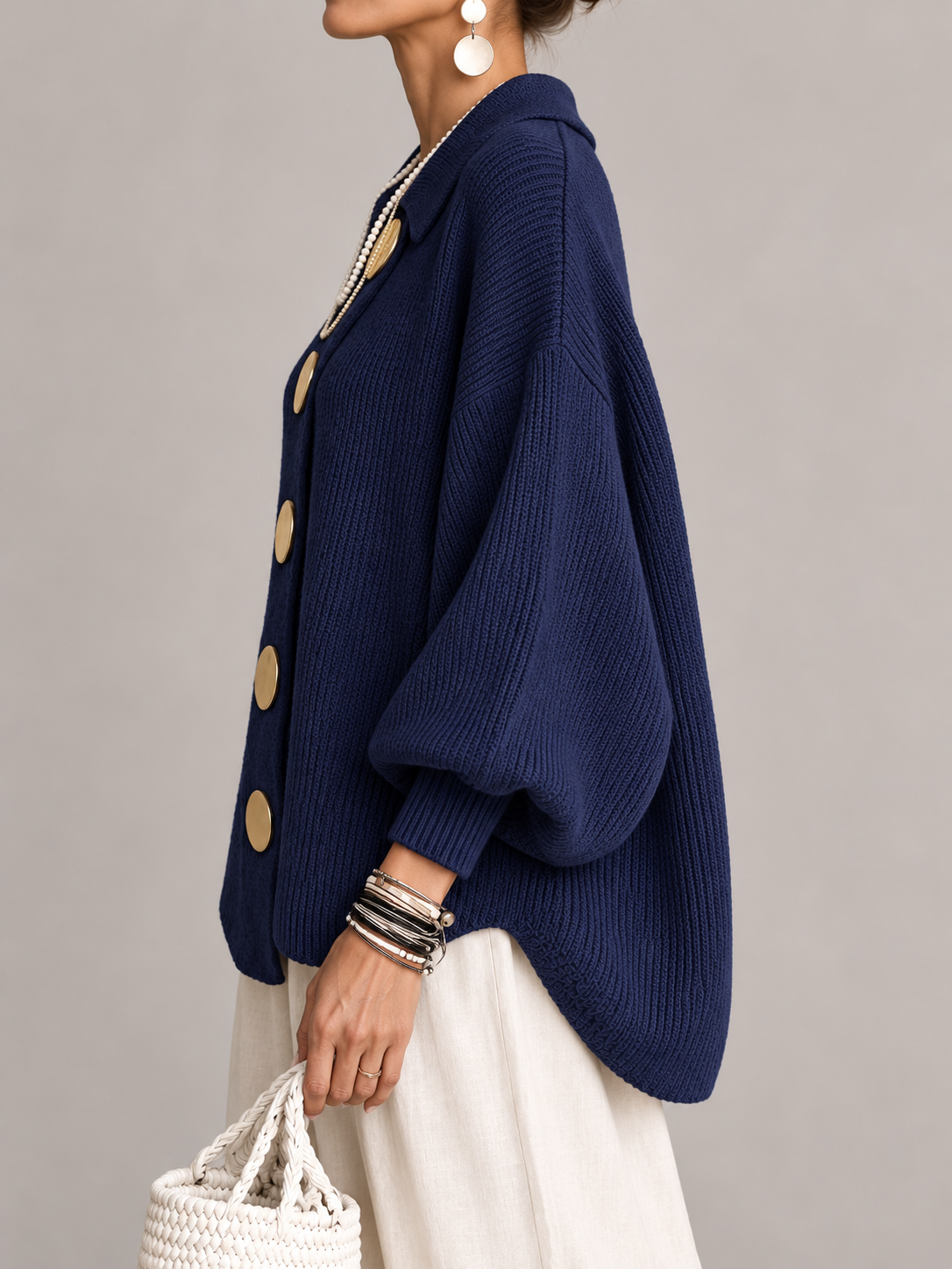 Women's Oversized Knit Cardigan Coat | Gold Button Scalloped Hem