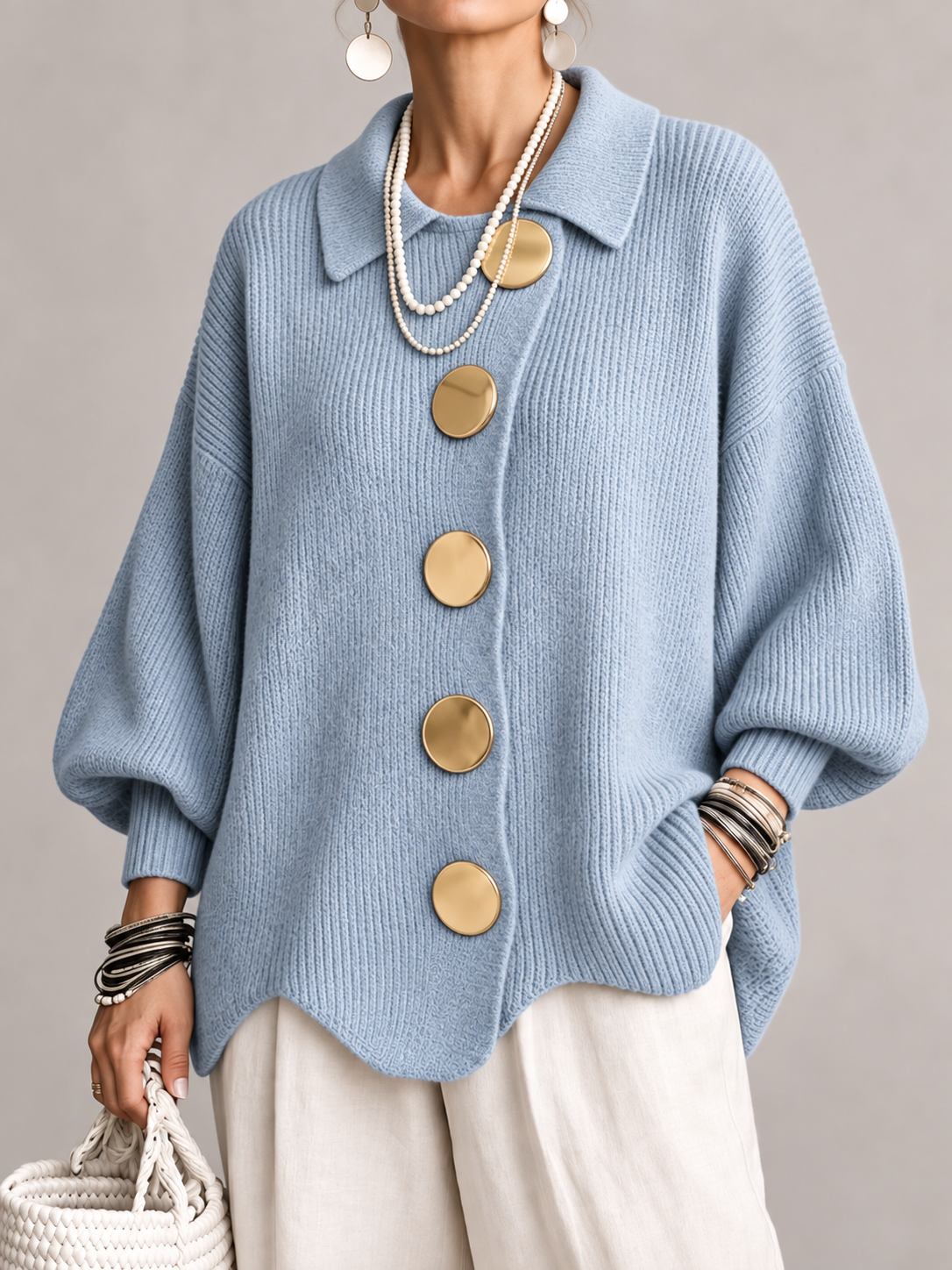 Women's Oversized Knit Cardigan Coat | Gold Button Scalloped Hem