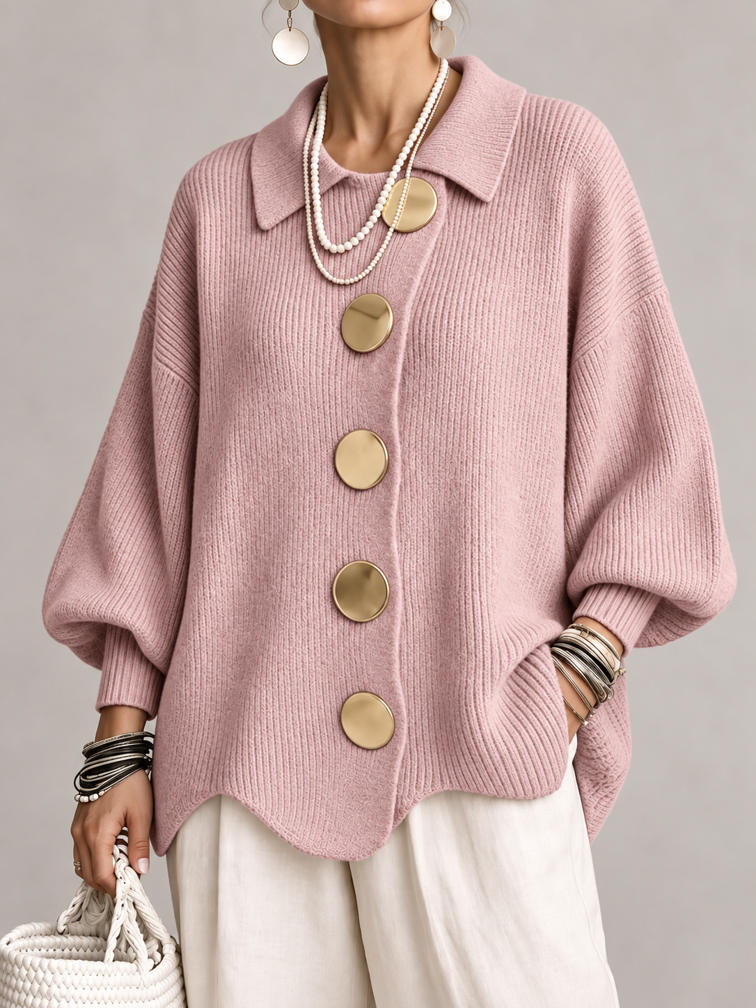 Women's Oversized Knit Cardigan Coat | Gold Button Scalloped Hem