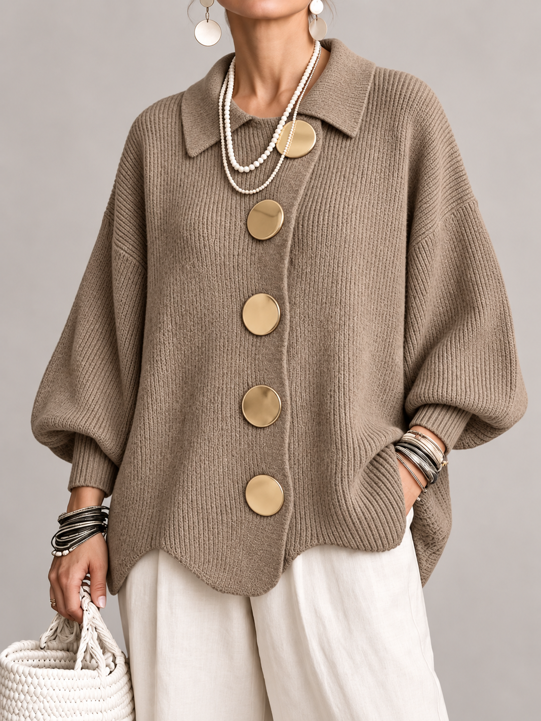 Women's Oversized Knit Cardigan Coat | Gold Button Scalloped Hem