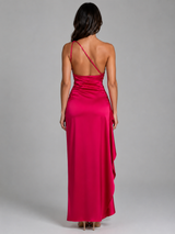 Satin Feel One Shoulder High Split Maxi Dress Evening Women