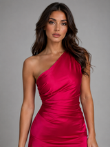 Satin Feel One Shoulder High Split Maxi Dress Evening Women