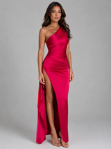 Satin Feel One Shoulder High Split Maxi Dress Evening Women