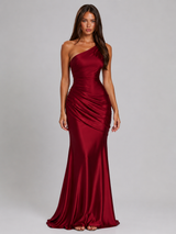 One Shoulder Draped Satin Maxi Dress Evening Women