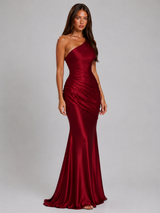 One Shoulder Draped Satin Maxi Dress Evening Women