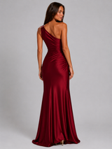 One Shoulder Draped Satin Maxi Dress Evening Women