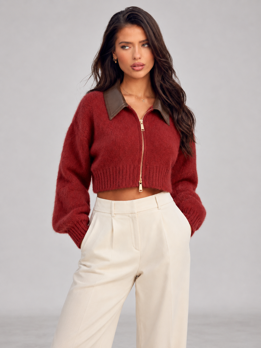 Women's Cropped Fuzzy-Knit Zip Cardigan