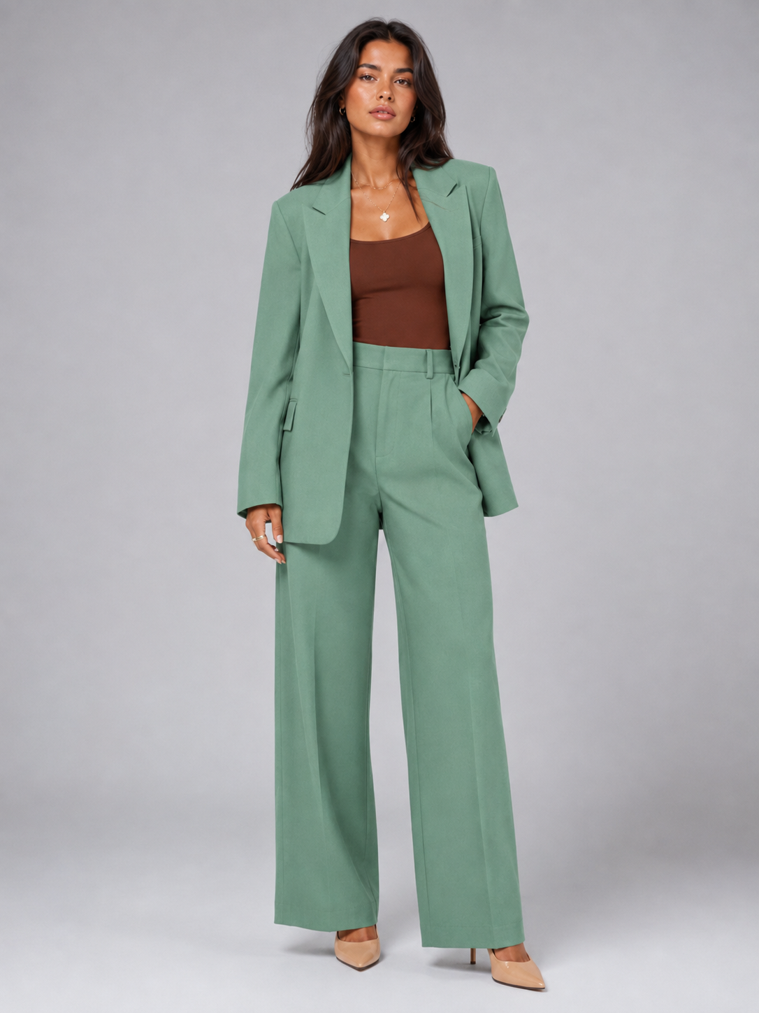 Women's Tailored Blazer & Wide-Leg Trouser Suit Set
