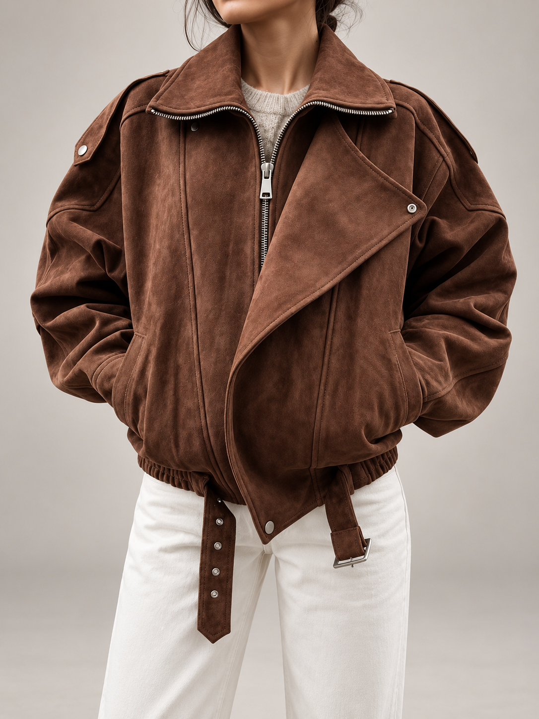 Women's Oversized Suede Jacket | Belted Zip Up Bomber Coat