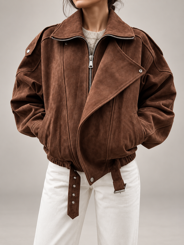 Women's Oversized Suede Jacket | Belted Zip Up Bomber Coat