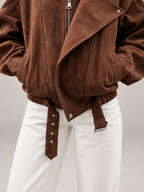 Women's Oversized Suede Jacket | Belted Zip Up Bomber Coat